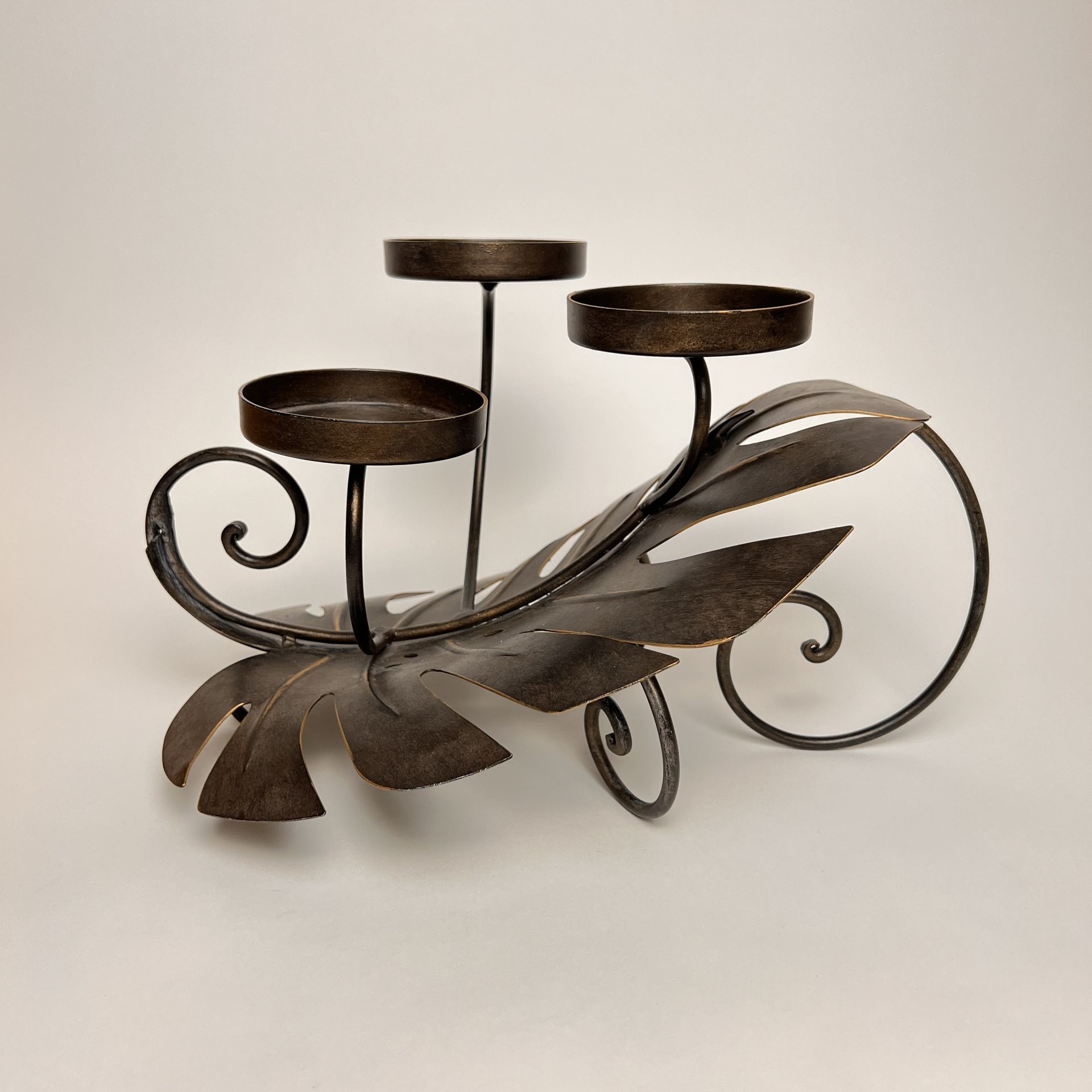 Bronze Colored Metal Monstera Leaf Candle Holder, 3 Tiered.  