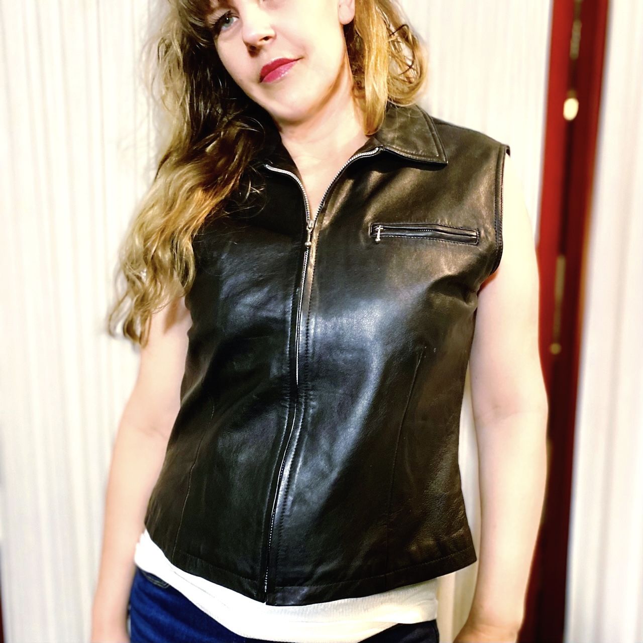Vintage Black Leather Moto Biker Vest Sz L-Xl by Saguaro West