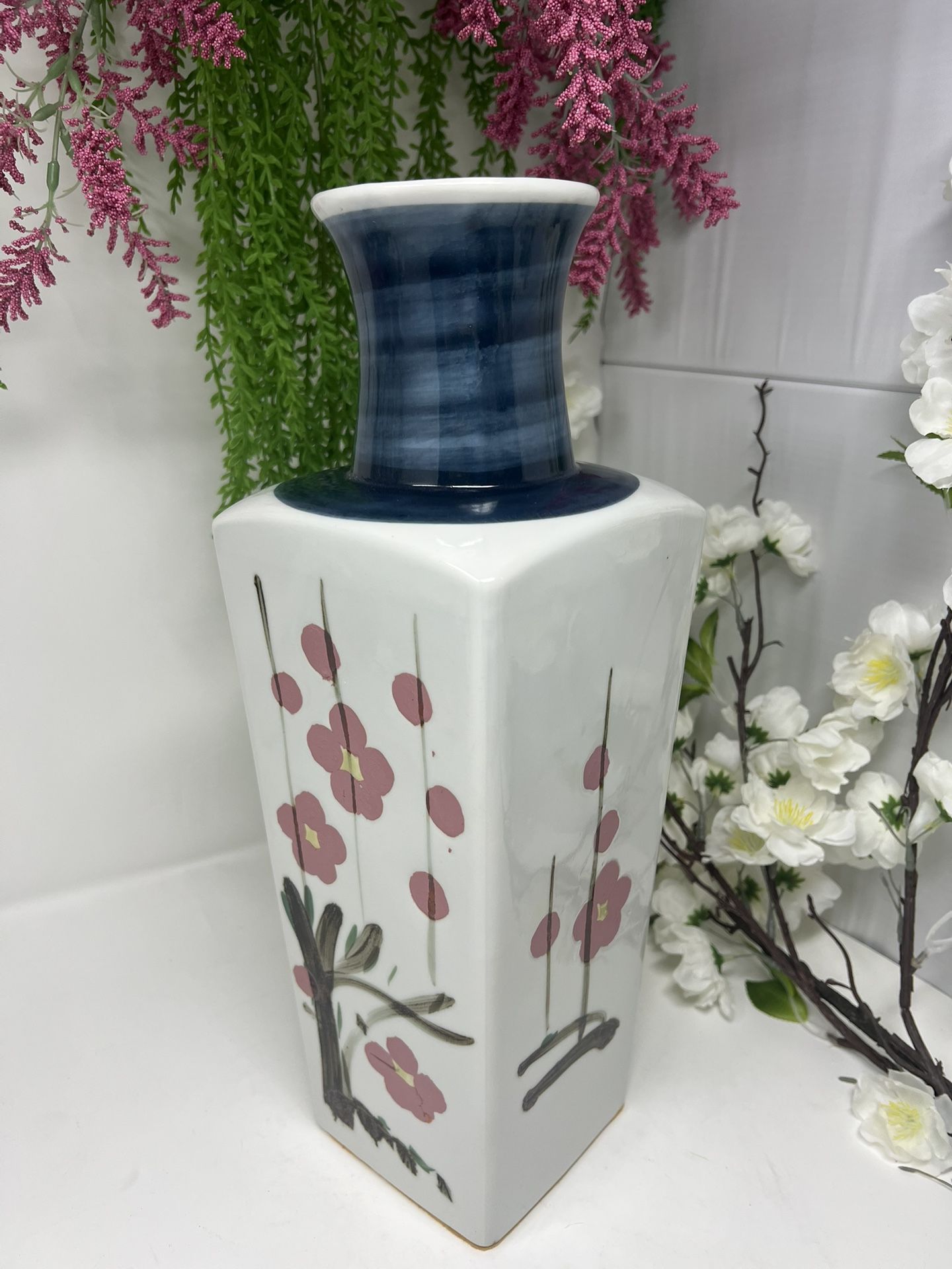 Vintage Imari-Style Japanese Dynasty Art Vase Hand-Painted • Blue & Pink Floral • 15” x 5”