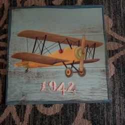 ✈️ Vintage 1942 Yellow Biplane Wall Art – 24″ Square Decor – $30 ✈️