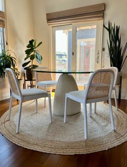 CB2 Round 47” Glass Dining table with concrete base  & Chairs