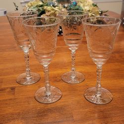 Libbey Rock Artic Rose Wine Glasses Drink - RARE Set Of 4 - Vintage !