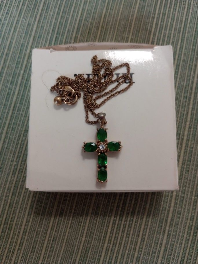 Emerald Look Cross With Gold tone Chain