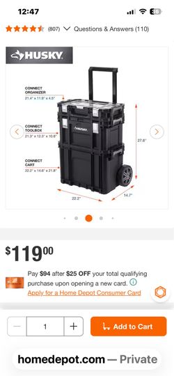 Husky 3 tier toolbox. 4 separate tool box in one stackable. Wheels , & handle for easy carry. Or can separated to use individually. Im asking $70