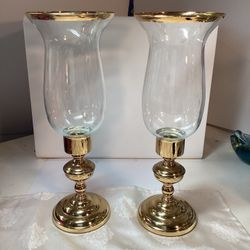 Vintage Set Of 2 MCM Brass Hurricane Candlestick Holders 14”1