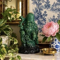 Vintage Shou Xing Longevity Candle – Faux Jade Wax Deity on Black Base (1960s–1980s) Sculpture 
