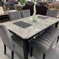 ✅️✅️ 5 pc Pascal black wood finish faux marble top dining table set grey fabric (Bench not included)✅️