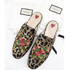 GUCCI Lurex Princetown Jacquard Leopard Embroidered Princetown Shoes
