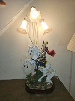 Tiffany Style Table Lamp Depicting Saint George On Horseback Slaying A Green Dragon