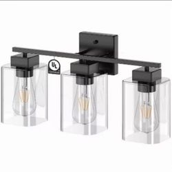 15.75 in 3-Light Matte Black Modern Vanity Light with Square Clear Glass Shade, Wall Lighting Fixtures for Bathroom