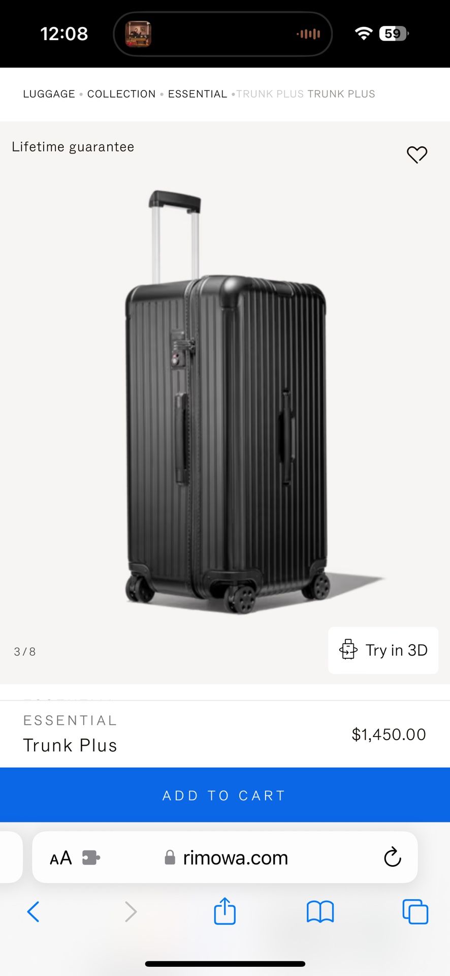 BRAND NEW - Rimowa Luggage - Trunk Plus - Matte Black