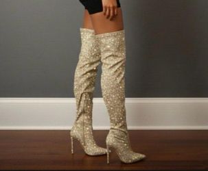 NEW Silver-Gold Glitter Stiletto Boots, Heel-5", Tall-27”, Size: 9. Glam & Bold Shine ✨