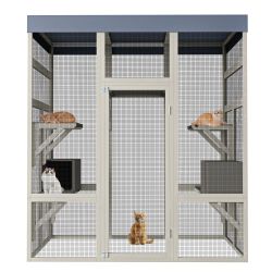 62.6 Outdoor Wooden Catio for Cats, Large Cat Enclosure with Waterproof Roof, 2 Cat Houses & Platforms, Secure Rust-Proof Wire Pet Cage for Patio or B
