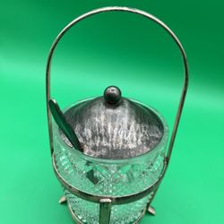 Pressed Glass Jam Jar Diamond Pattern Clear Silver Metal Screw