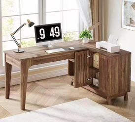 XK00749 57" L-Shaped Corner Desk, Wood Computer Desk Study Writing Table with Cabinet