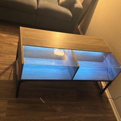 Modern Wood Console Table with Glass Display Shelf + LED Lighting