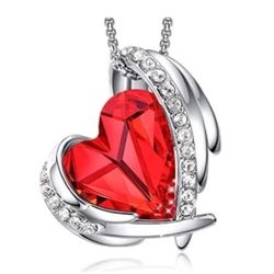Beautiful Silver Necklace with Red Heart Rhinestone 