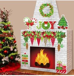 Fullhawl Cardboard Fireplace Prop 3D Christmas,Classic,Red and Green 38x30x7 Inches, Faux Chimney with Flame Insert, Xmas Party Photo Backdrop, Holida