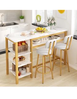 3-Piece Bar Table and Chairs Set, Modern White Faux Marble Table with 2 PU Cushion Bar Stools, Kitchen Counter with 3 Tier Storage Shelves, Space Savi