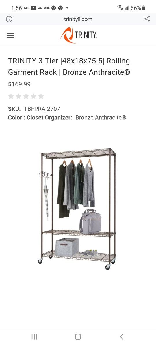 TRINITY 3-Tier |48x18x75.5| Rolling Garment Rack $120
