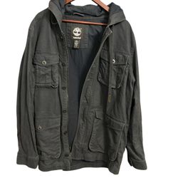 Timberland Canvas Hooded Men’s Large Jacket Cargo Pockets Gray Oversized Heavy