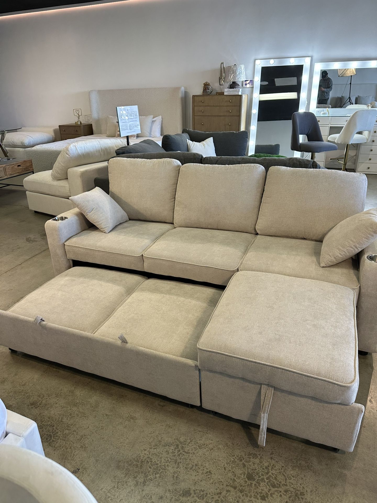 Sleeper Sofa Bed Couch Chaise With Pull Out Chaise & Sleeping Mechanism— FREE Delivery
