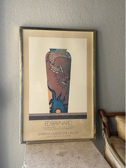 Vintage Ed Baynard Asian Dragon Themed Vase Exhibition Woodblock Poster, Large 80's NYC Art Gallery