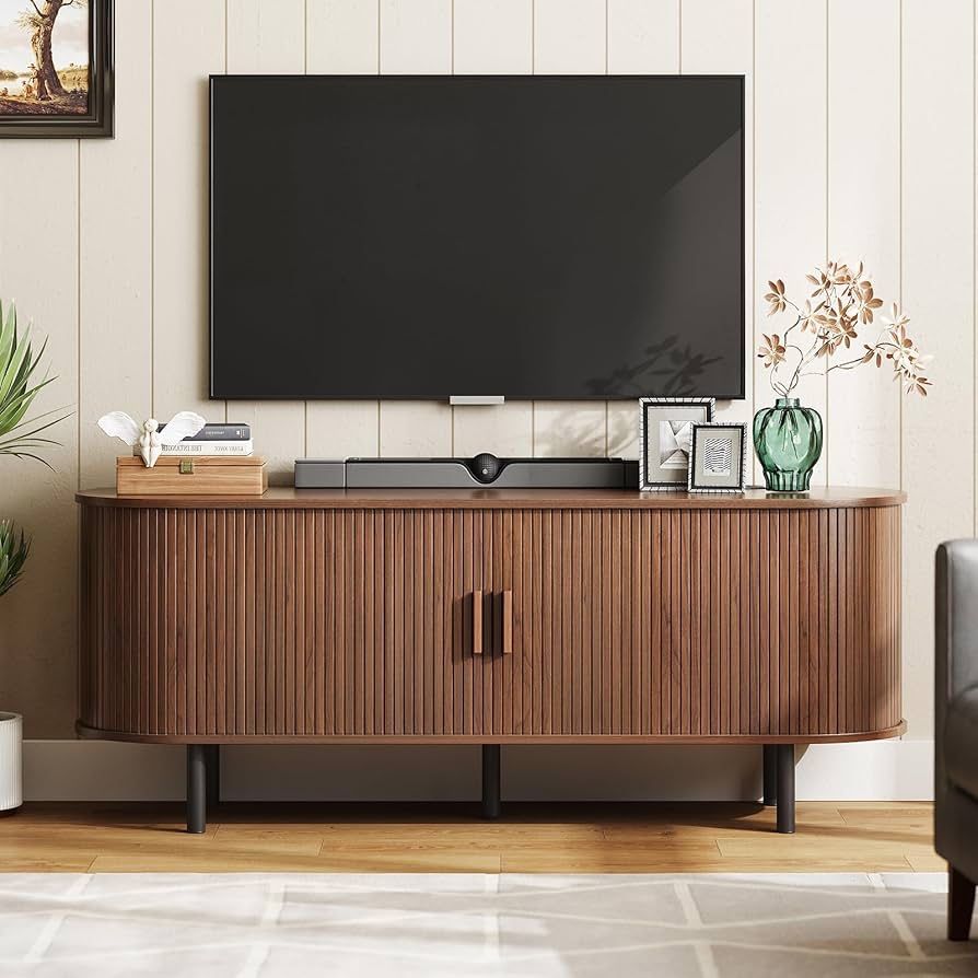 55" TV Stand with Power Outlet for TVs up to 60 Inch, Entertainment Center with Storage and Adjustable Shelves, Modern Media Console with Sliding Door