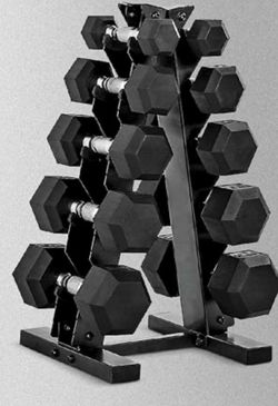 Dumbbell A pair of 5-pound, 10-pound, 15-pound, 20-pound, and 25-pound rubber hex dumbbells with a black A-frame dumbbell rack to store the weights.