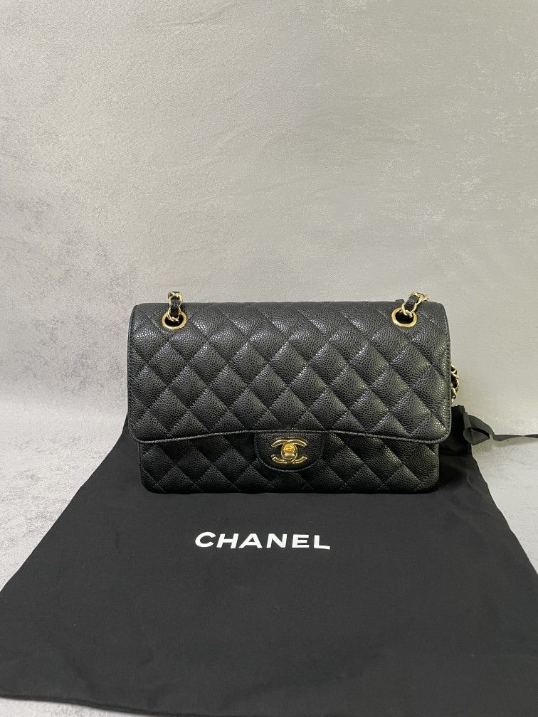 Chanel CF Classic Flap Chain Medium Double Gold Caviar Black