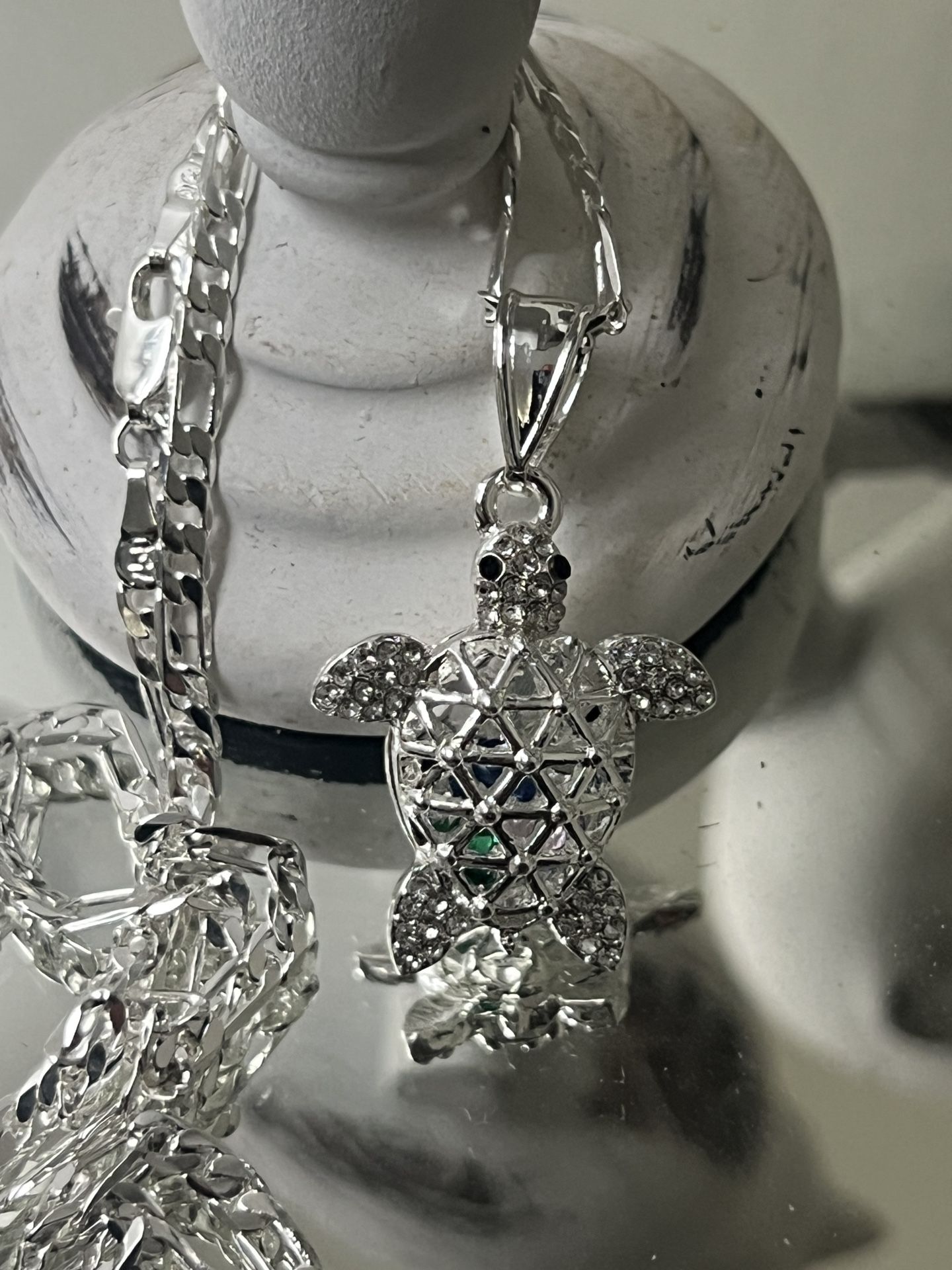 Turtle Silver Plated Pendant With Chain Necklace 22” 3mm