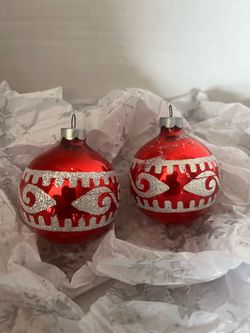 Vintage 1940's - 1950's Mercury Glass Mica Stencil Red Ornaments - USA