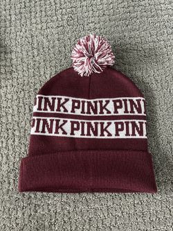 Pink/Victoria’s Secret Pom-Pom Burgundy & White Beanie