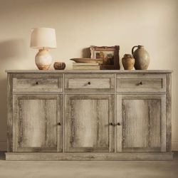 BIG SALE Weathered Oak Finish Wood 65 in. Storage Sideboard Cabinet 3-Doors and Drawers Buffet for Kitchen Dining Room Restaurant