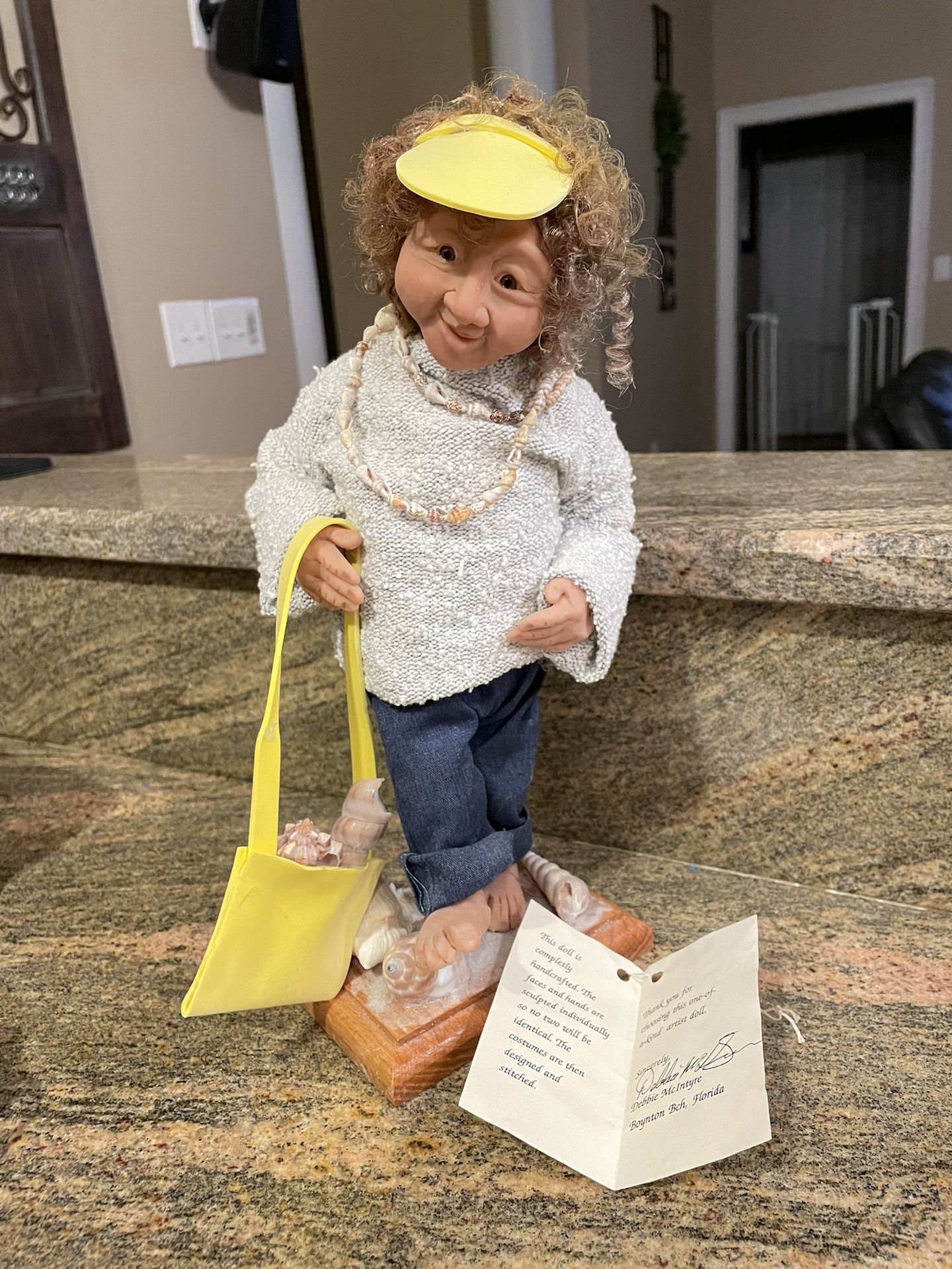 Handcrafted Doll “The Happy Seashell Collector” By Debbie Mcintyre. Expressive Sculpted Face/handmade Clothing. Original tag w/artist signature