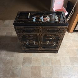 Oriental Black Lacquer Cabinet Mother Of Pearl Inlay 