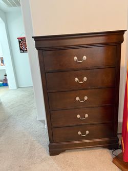 Dark Cherry Wood 5-Drawer Tall Dresser