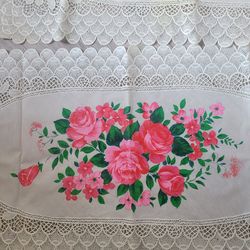 Vtg Hand Crochet Lace Doily Table Cover Topper Pink Flowers Tablecloth Romantic