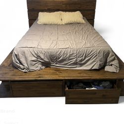 Modern Rustic Queen Platform Bed Frame w/ Storage – Solid Wood