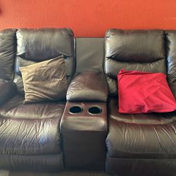 2 Pieces Sofa Leather Recliner Brown Set 