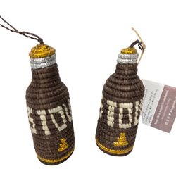 Stout Lager Beer Brown Woven Bottle Shaped Ornaments Set of 2
