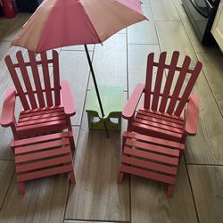 Two Adirondack Doll chairs Table & Umbrella 