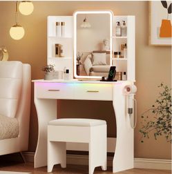 Vanity Desk with LED Lights Mirror & Power Outlet, Small Makeup Vanity Table Set with Storage Drawers & Chair, 3 Lighting Modes & Adjustable Brightnes