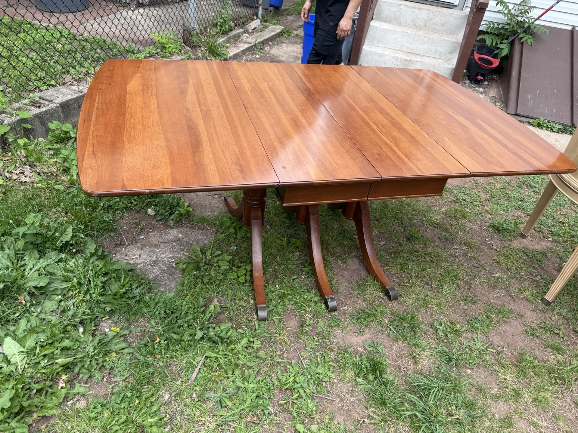 Vintage Duncan Phyfe Triple Pedestal Mahogany Drop-Leaf Dining Table