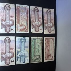 8 Vintage Canada Banknotes Lot $1 $2 $5 Queen Elizabeth Canadian Currency