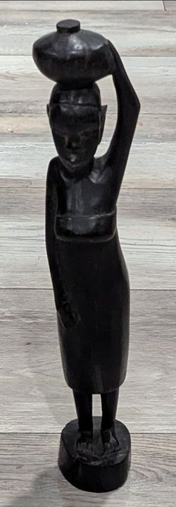 Hand-Carved African Woman in Native Garb Carrying a Water Jug (Unknown Tribe)