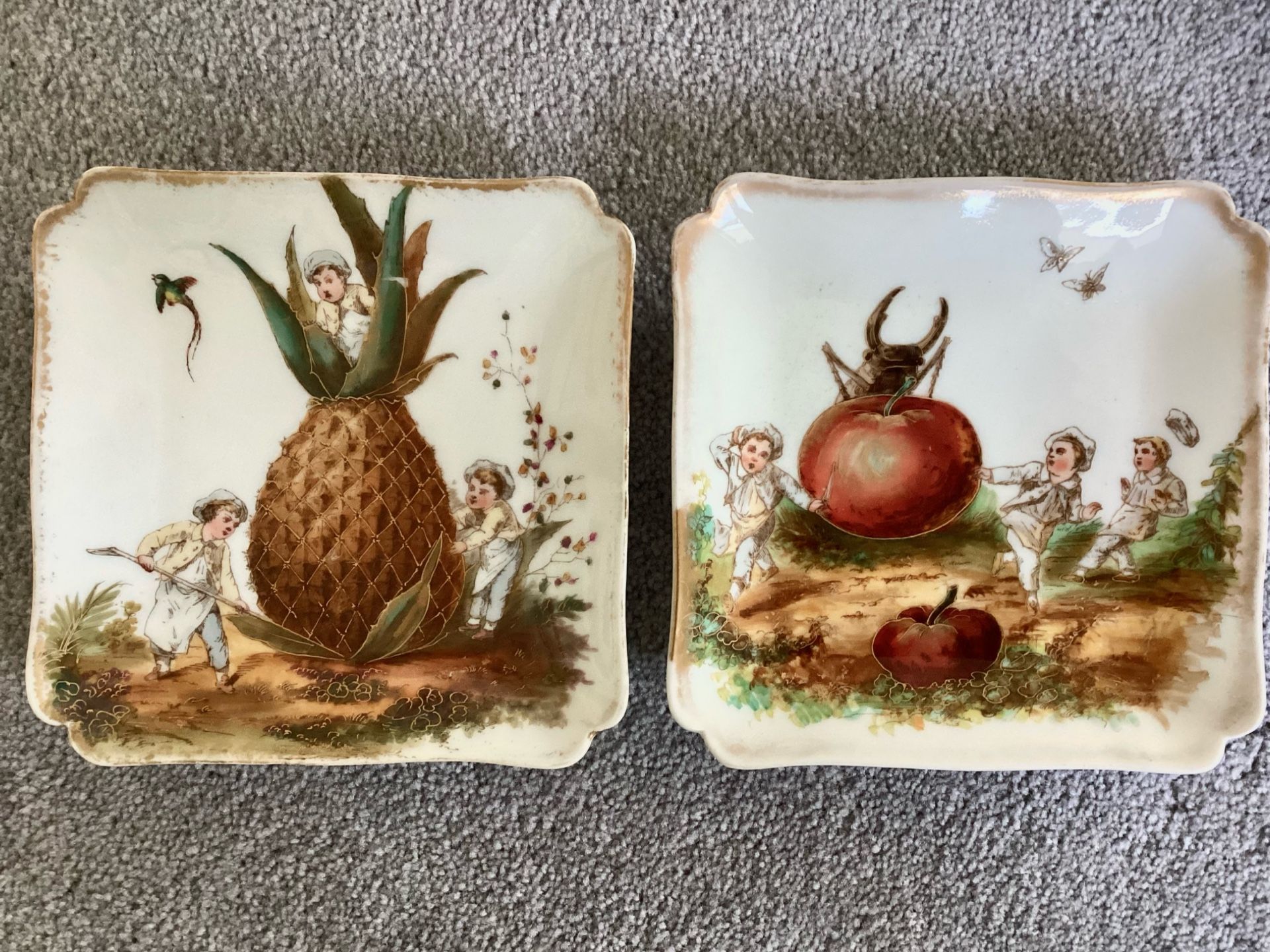 Pair of Antique CFH GDM Limoges France Decorative 7” Plates Oversized Fruit Haviland Porcelain Pineapple Tomato Gold Trim 1800’s Hand Painted