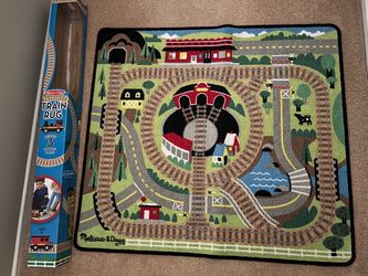 Melissa & Doug Round The Rails Train Kids Rug with 3 Linking Wooden Train Cars