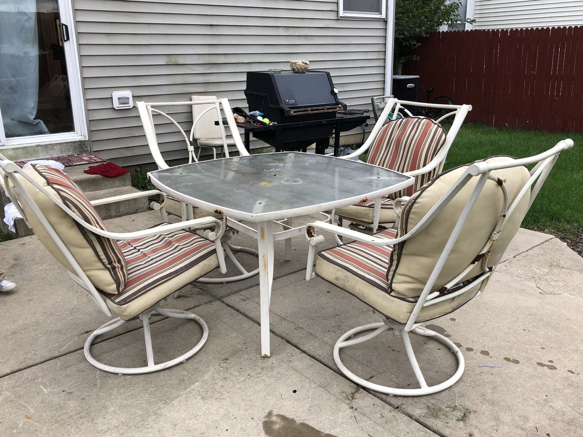 Patio Set Table & (4) Chairs Metal Glass Swivel Rock WITH Cushions Outdoor Garden Furniture