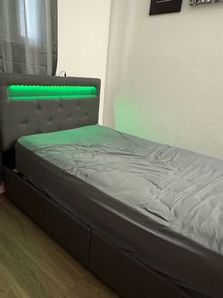 Grey Upholstered Twin Bed Frame with LED Headboard & Mattress